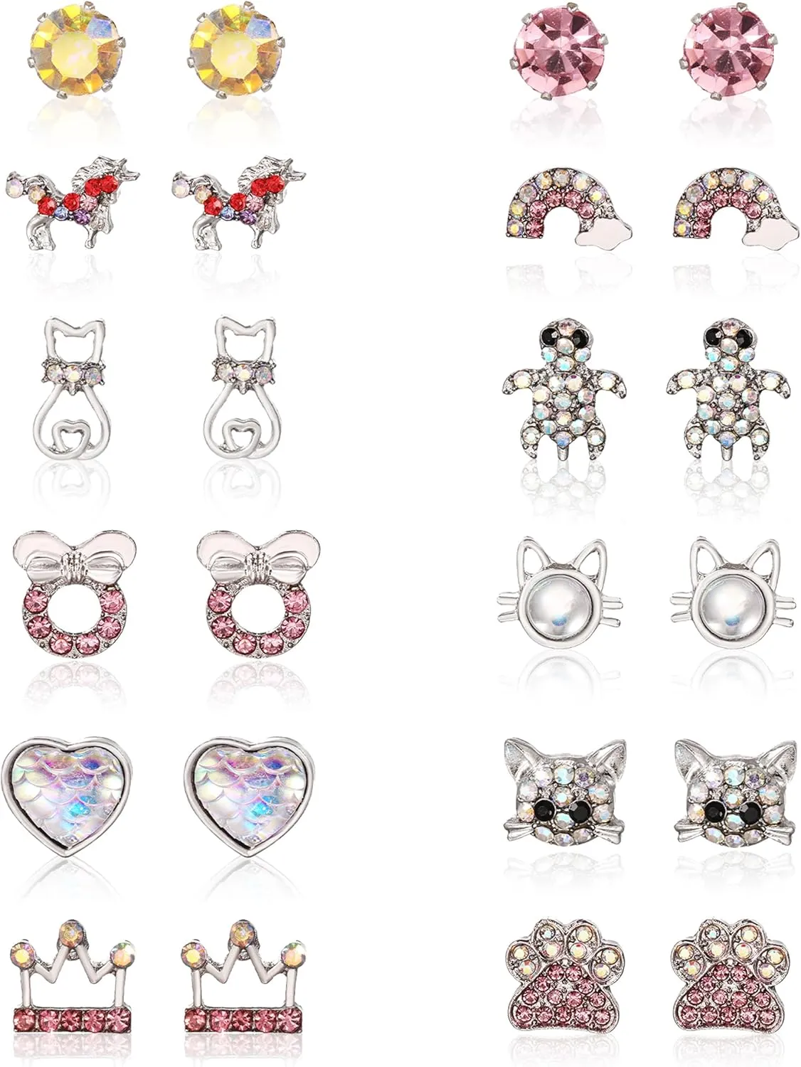 12 Pairs Cute Earrings for Women Girls Hypoallergenic CZ Ball Cat Crown Unicorn Heart Paw Turtle Stud Earrings Set