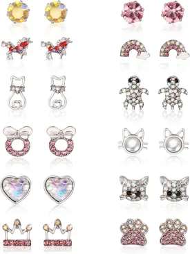 12 Pairs Cute Earrings for Women Girls Hypoallergenic CZ Ball Cat Crown Unicorn Heart Paw Turtle Stud Earrings Set