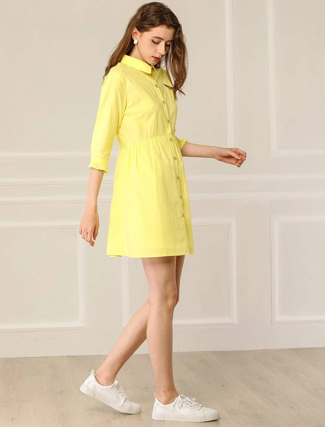 Allegra K Women's Business Casual Shirt Dress 3/4 Sleeve Button Down Work Summer Mini Dresses