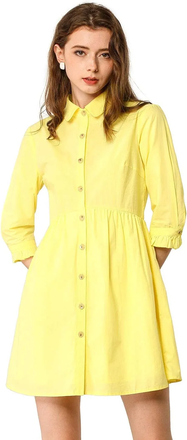 Allegra K Women's Business Casual Shirt Dress 3/4 Sleeve Button Down Work Summer Mini Dresses