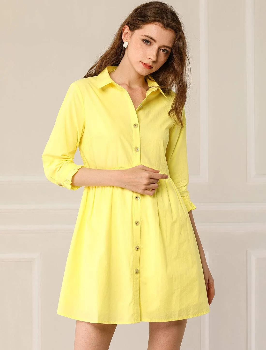 Allegra K Women's Business Casual Shirt Dress 3/4 Sleeve Button Down Work Summer Mini Dresses