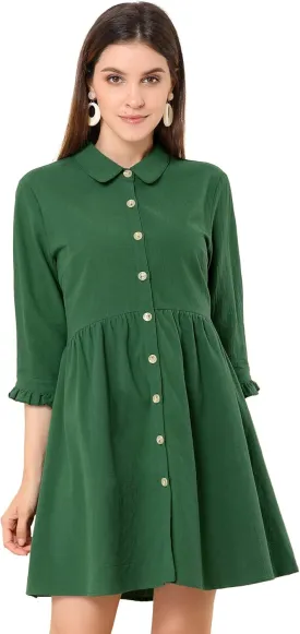 Allegra K Women's Business Casual Shirt Dress 3/4 Sleeve Button Down Work Summer Mini Dresses