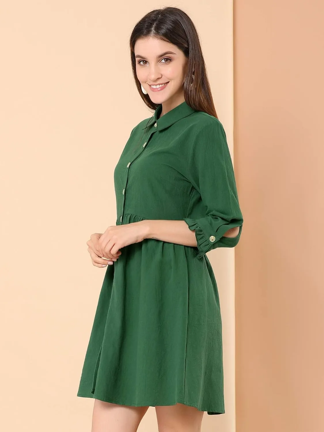 Allegra K Women's Business Casual Shirt Dress 3/4 Sleeve Button Down Work Summer Mini Dresses