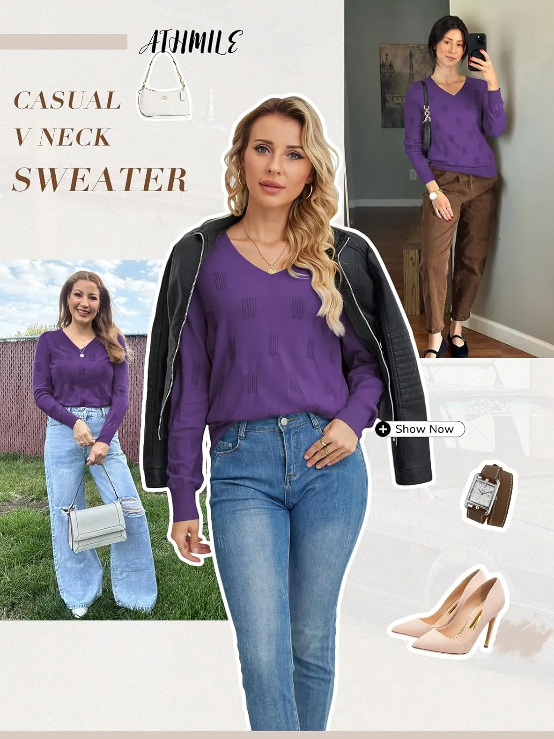ATHMILE Women's Fall Tops 2025 Fashion Trendy Pullover Sweater V Neck Long Sleeve Shirt Knit Blouse Clothes Outfits