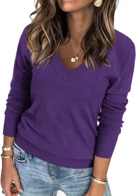 ATHMILE Women's Fall Tops 2025 Fashion Trendy Pullover Sweater V Neck Long Sleeve Shirt Knit Blouse Clothes Outfits