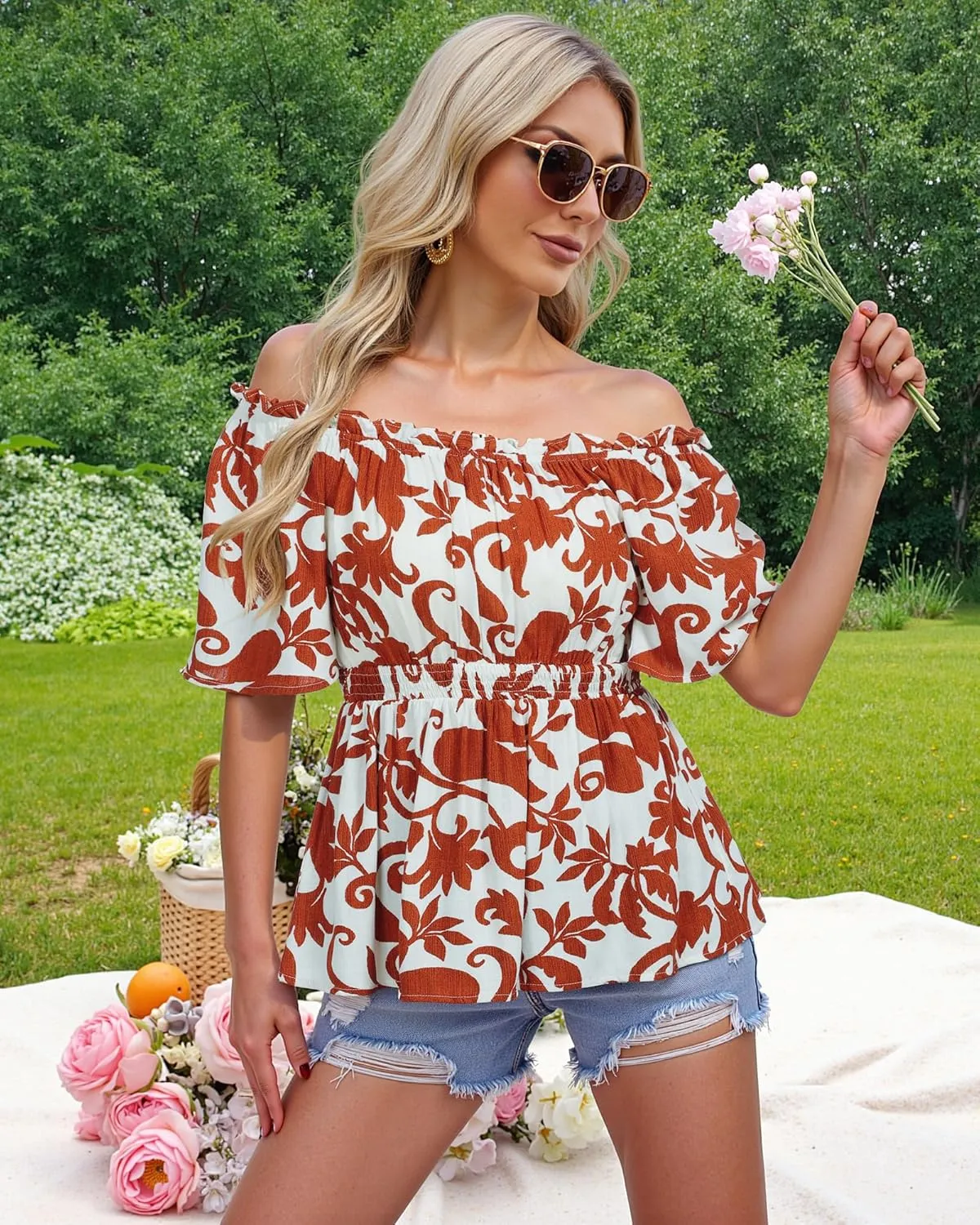 Bebonnie Women's Summer Sexy Off The Shoulder Peplum Tops Ruffle Sleeve Dressy Blouses
