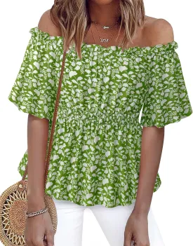 Bebonnie Women's Summer Sexy Off The Shoulder Peplum Tops Ruffle Sleeve Dressy Blouses