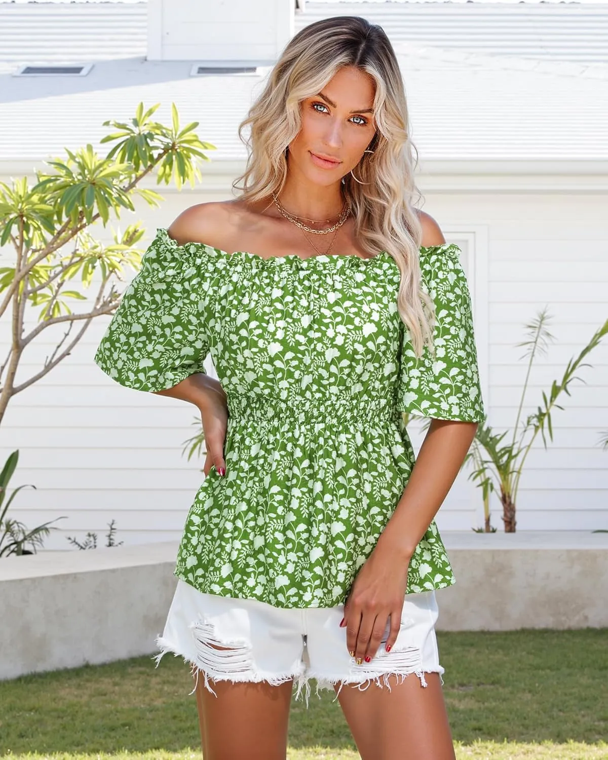 Bebonnie Women's Summer Sexy Off The Shoulder Peplum Tops Ruffle Sleeve Dressy Blouses