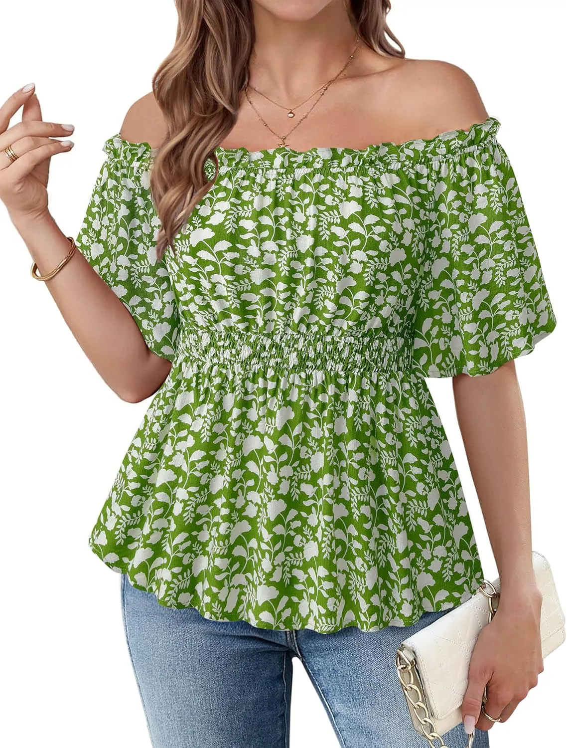 Bebonnie Women's Summer Sexy Off The Shoulder Peplum Tops Ruffle Sleeve Dressy Blouses