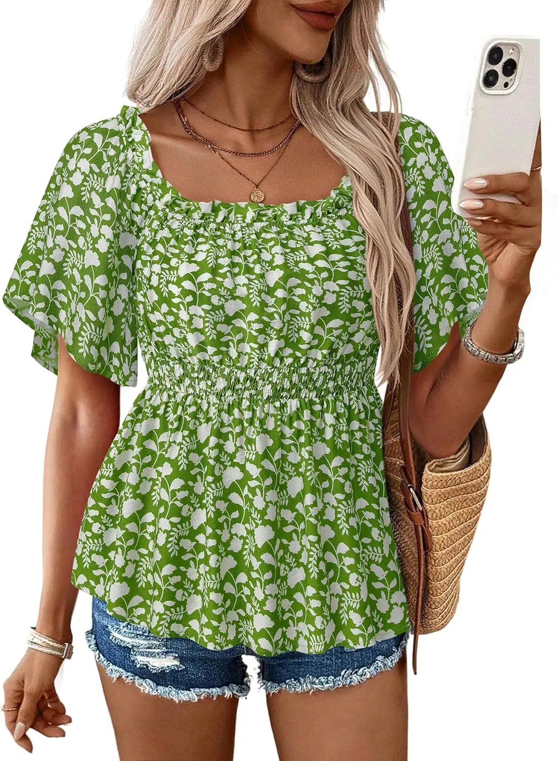 Bebonnie Women's Summer Sexy Off The Shoulder Peplum Tops Ruffle Sleeve Dressy Blouses