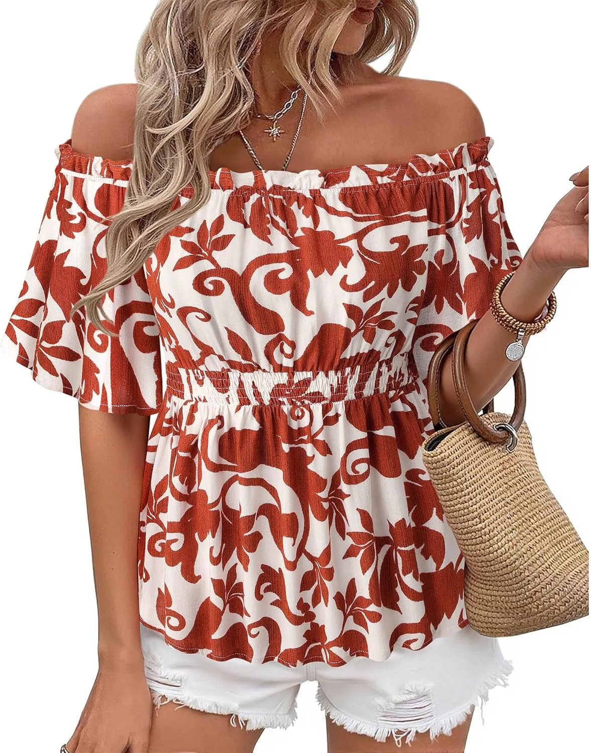 Bebonnie Women's Summer Sexy Off The Shoulder Peplum Tops Ruffle Sleeve Dressy Blouses