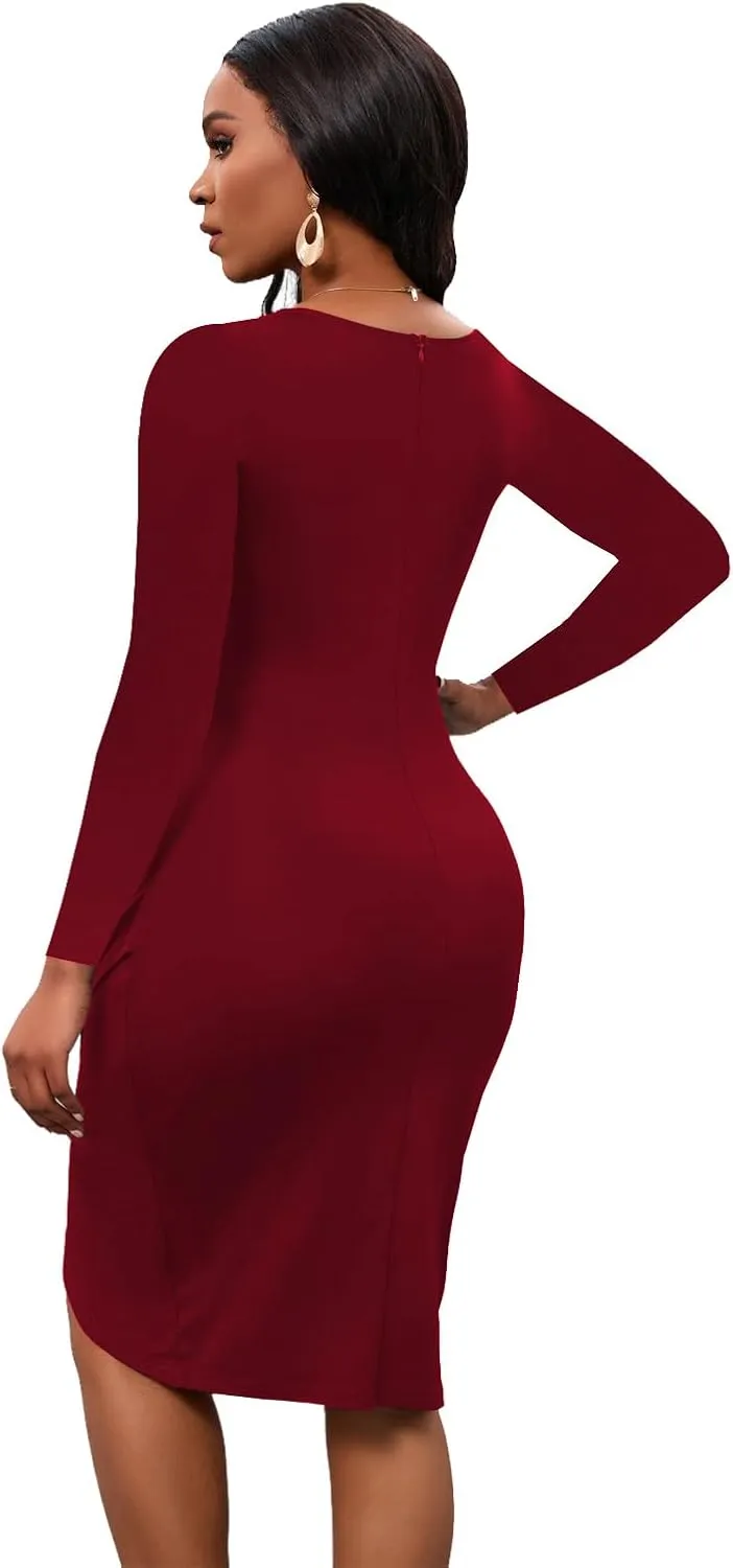 Bodycon Midi Dress Cocktail Party Long Sleeve Wrap V Neck Work Ruched Sheath Wedding Guest Dresses Elegant