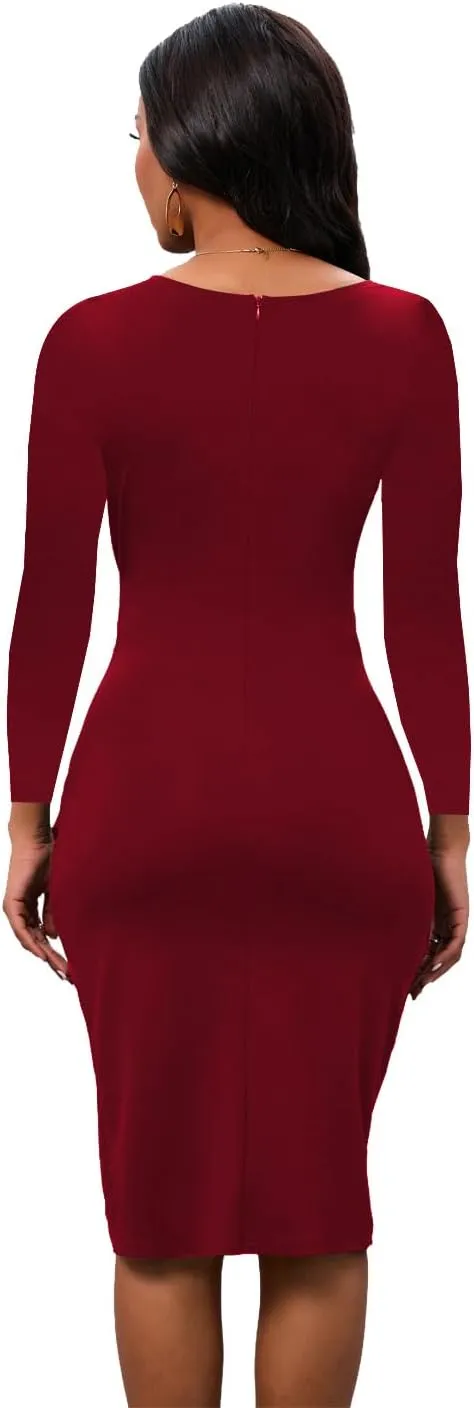 Bodycon Midi Dress Cocktail Party Long Sleeve Wrap V Neck Work Ruched Sheath Wedding Guest Dresses Elegant