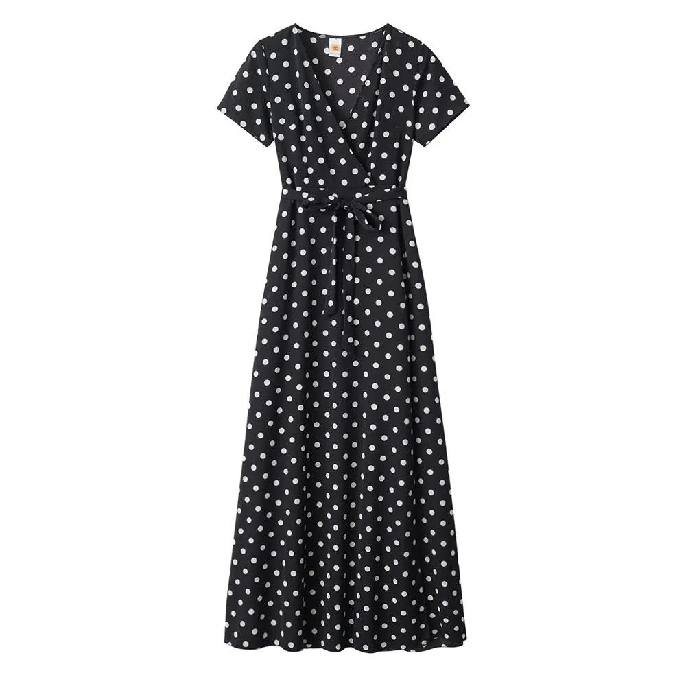 Boho Polka Dot Long Dresses Women Split Short Sleeve Summer Casual Dress Streetwear Maxi Dress