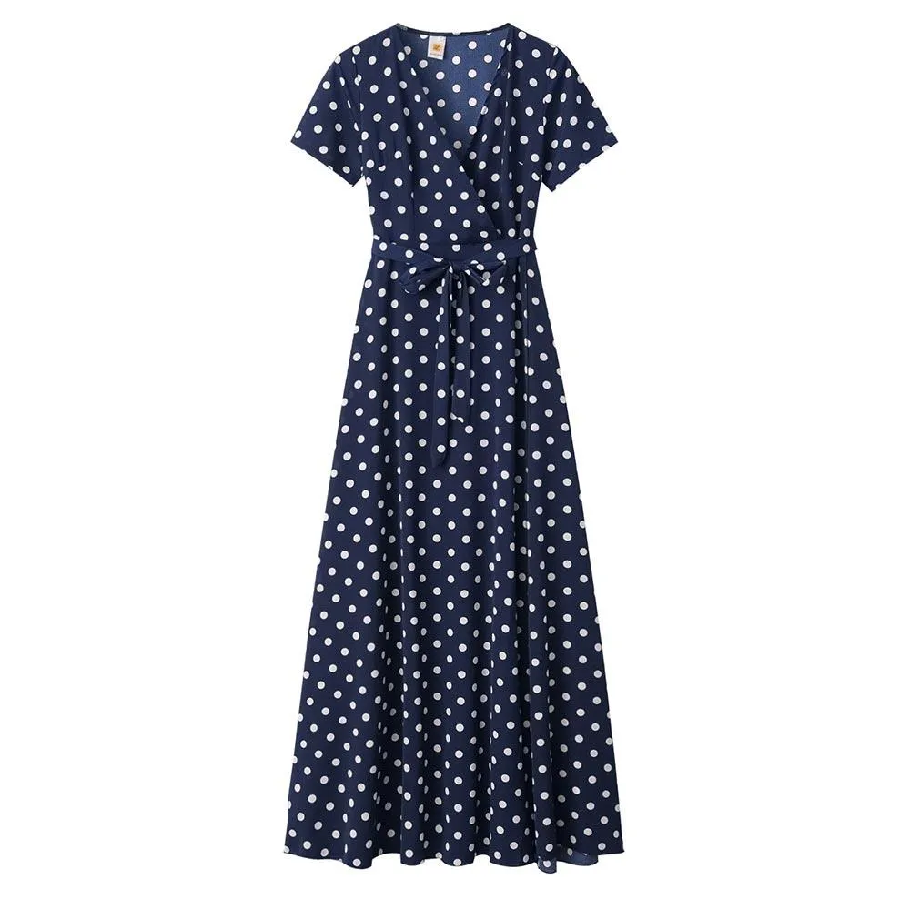 Boho Polka Dot Long Dresses Women Split Short Sleeve Summer Casual Dress Streetwear Maxi Dress