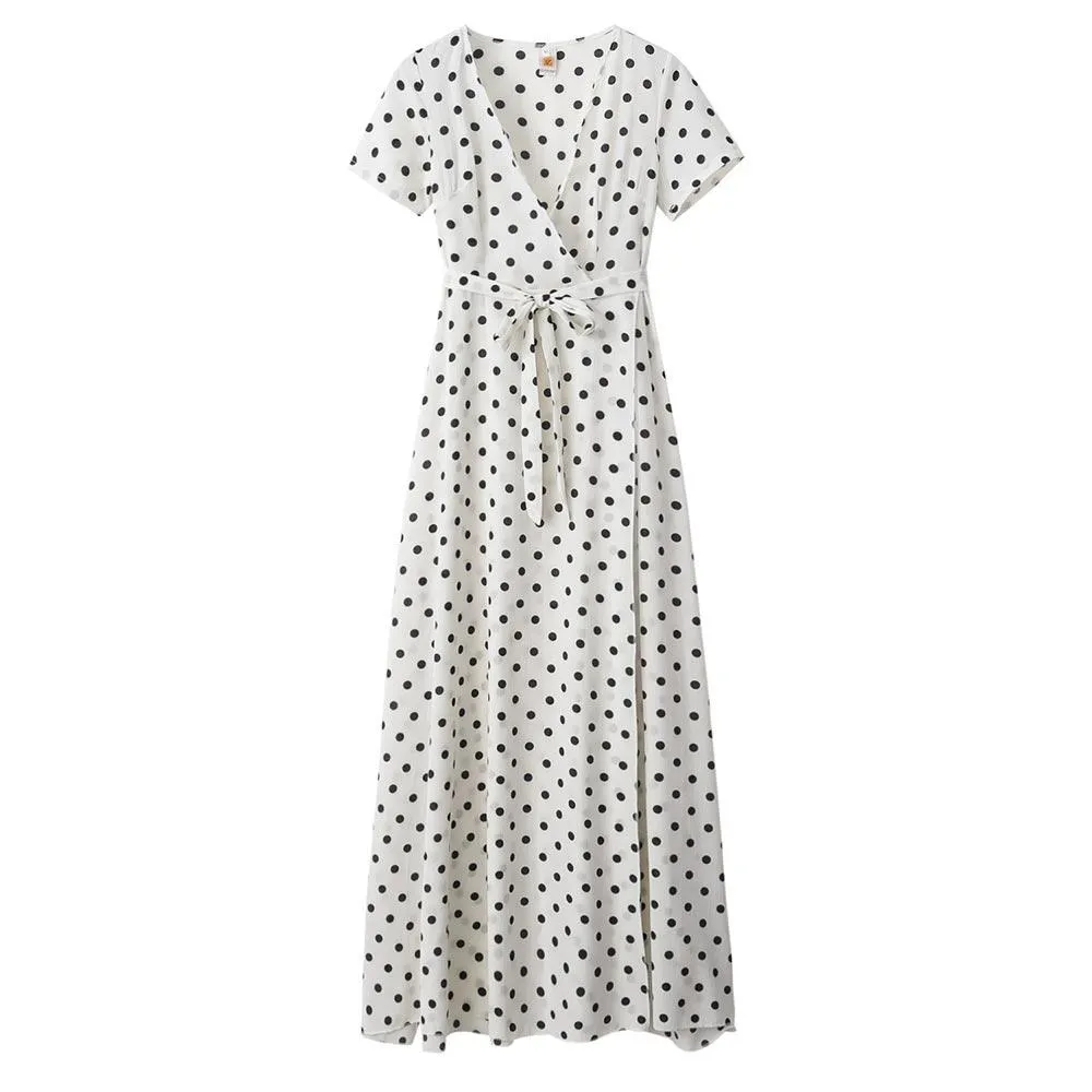 Boho Polka Dot Long Dresses Women Split Short Sleeve Summer Casual Dress Streetwear Maxi Dress