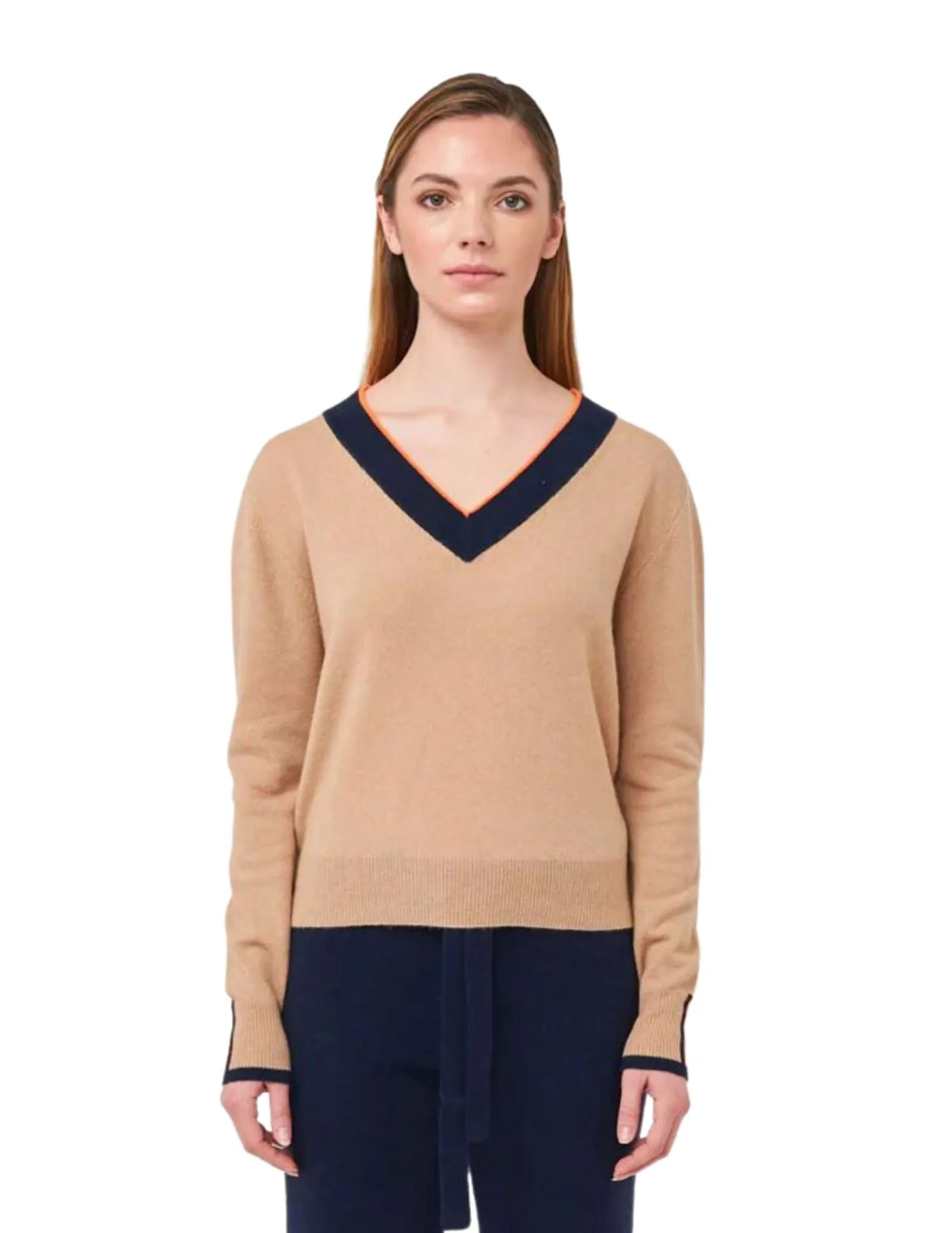 Brodie Fine Cashmere Regatta Varsity V Neck Sweater - Camel/Navy Neon Orange