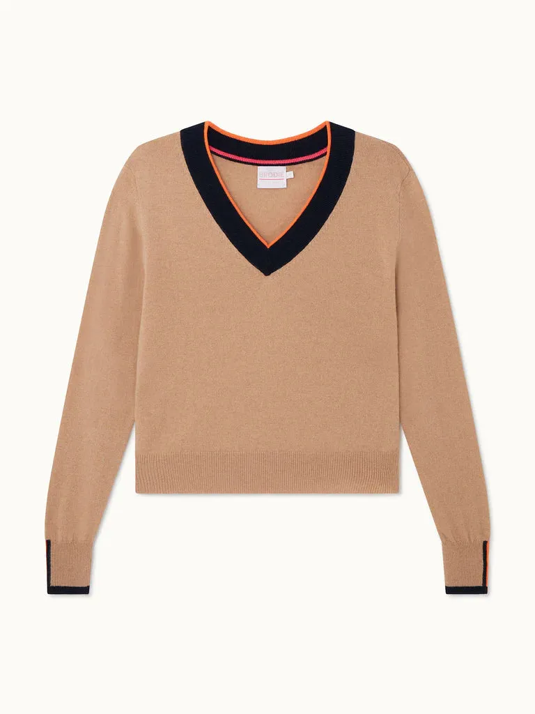 Brodie Fine Cashmere Regatta Varsity V Neck Sweater - Camel/Navy Neon Orange