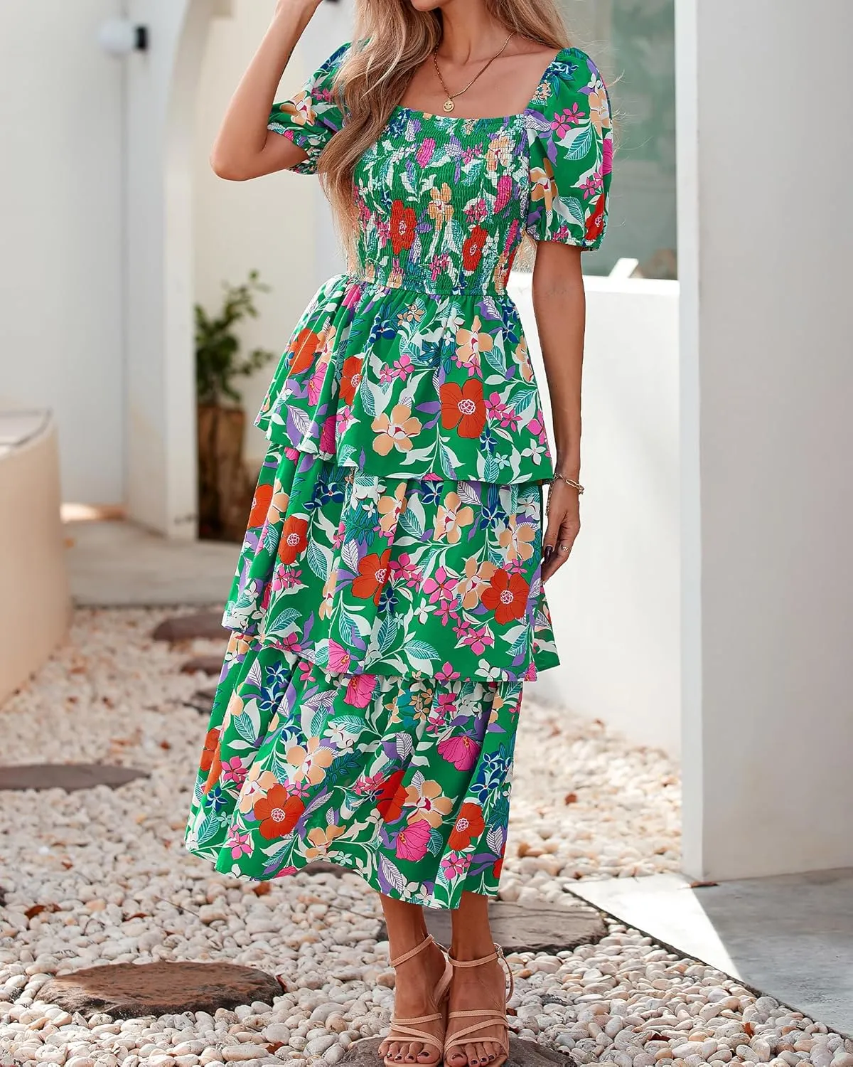 BTFBM Womens Square Neck Smocked Dress Summer Puff Short Sleeve Floral Casual Ruffle Tiered Maxi Wedding Guest Dresses