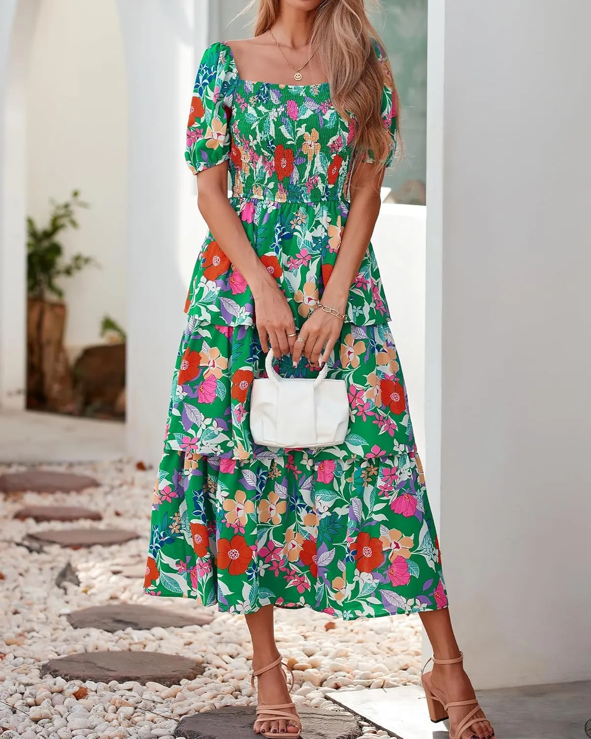 BTFBM Womens Square Neck Smocked Dress Summer Puff Short Sleeve Floral Casual Ruffle Tiered Maxi Wedding Guest Dresses