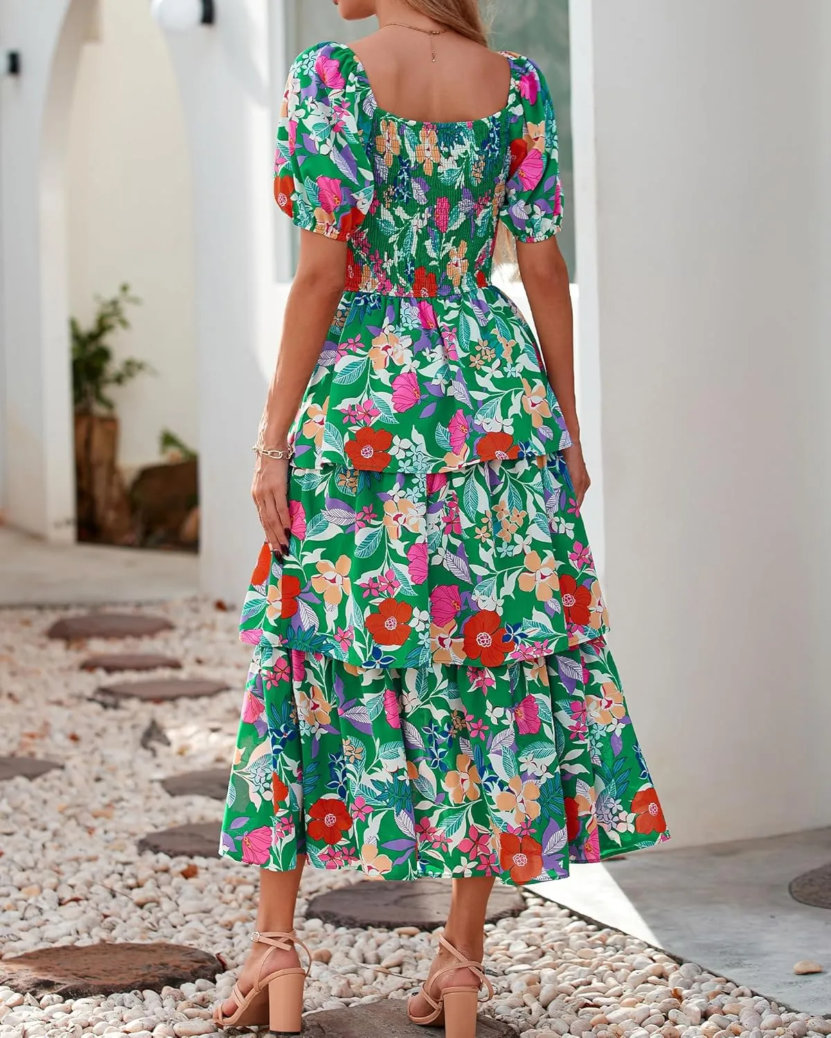 BTFBM Womens Square Neck Smocked Dress Summer Puff Short Sleeve Floral Casual Ruffle Tiered Maxi Wedding Guest Dresses