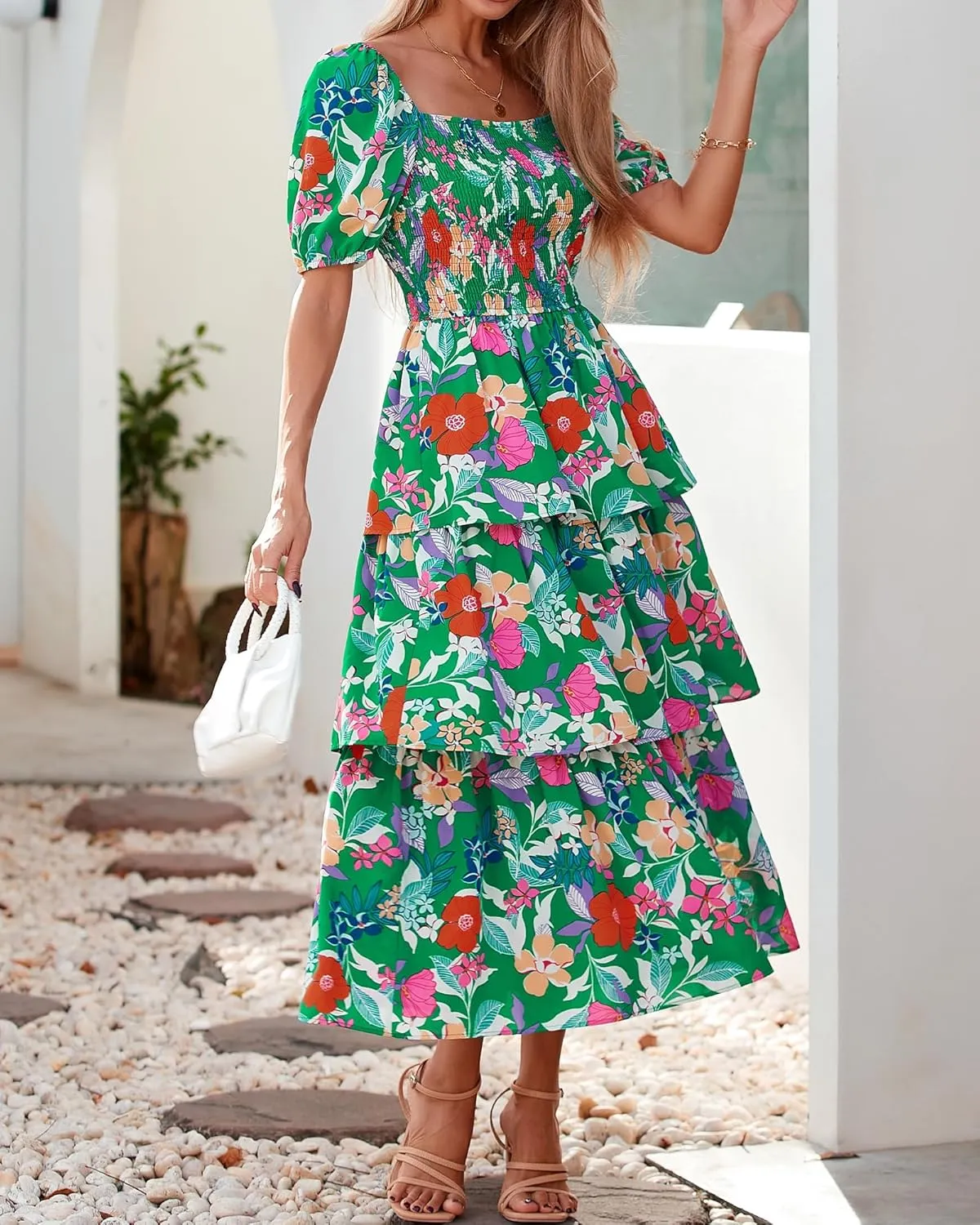 BTFBM Womens Square Neck Smocked Dress Summer Puff Short Sleeve Floral Casual Ruffle Tiered Maxi Wedding Guest Dresses