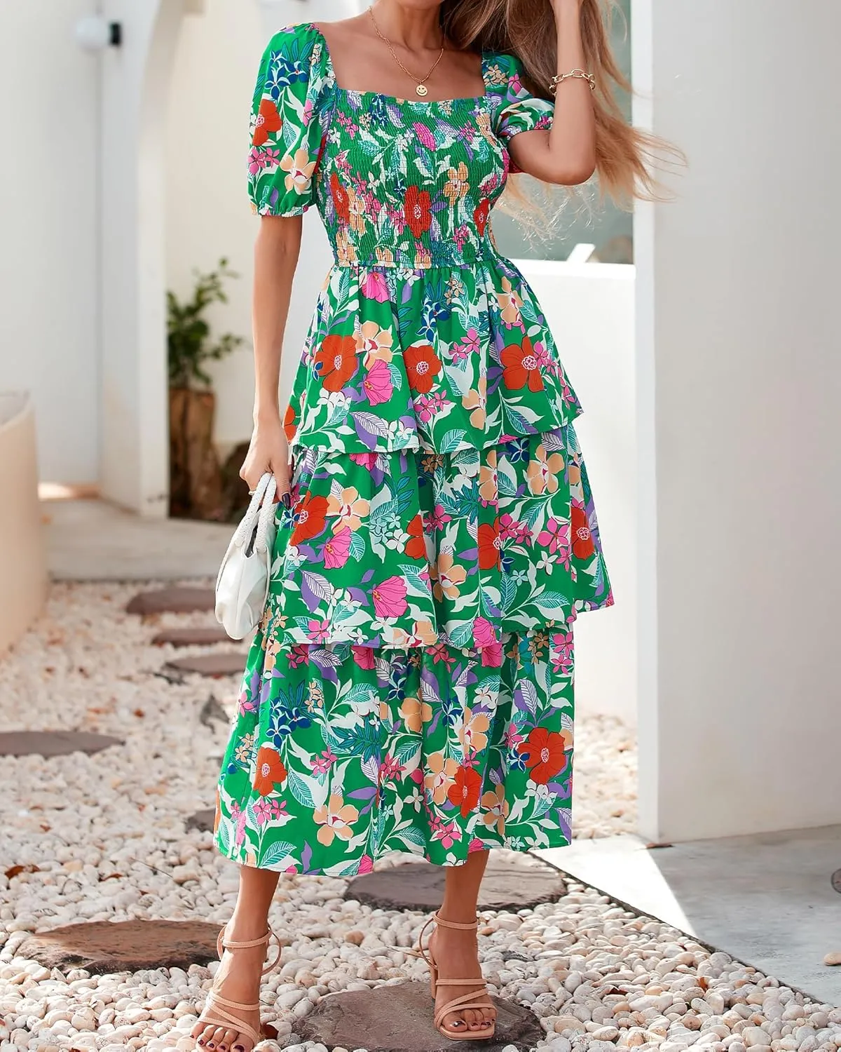 BTFBM Womens Square Neck Smocked Dress Summer Puff Short Sleeve Floral Casual Ruffle Tiered Maxi Wedding Guest Dresses