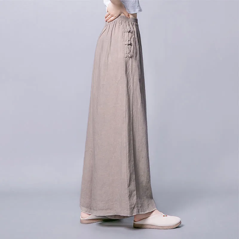 Buddha Stones Casual Cotton Frog-Button High Waist Wide Leg Pants With Pockets