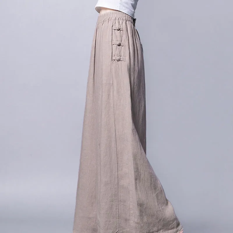 Buddha Stones Casual Cotton Frog-Button High Waist Wide Leg Pants With Pockets