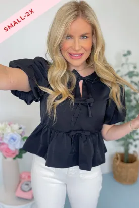 Charlie Short Puff Sleeve Bow Detail Peplum Top