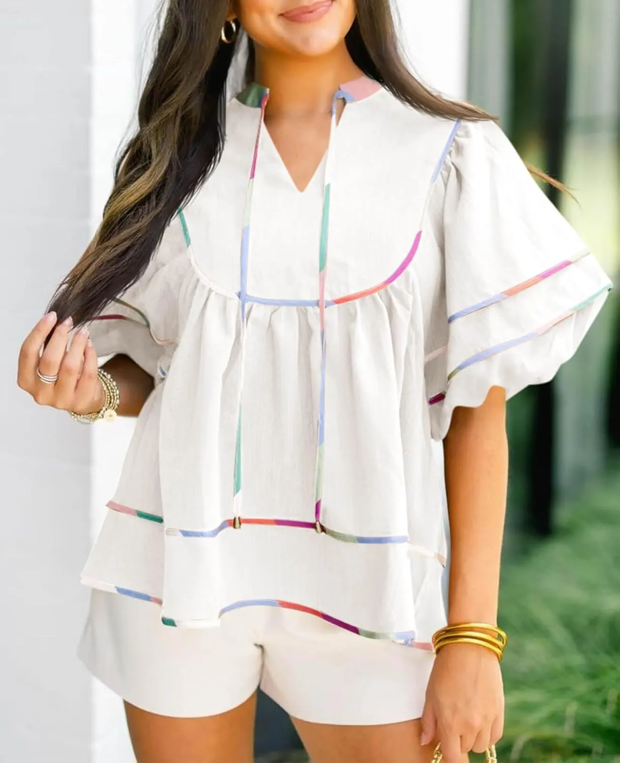 Cicy Bell Womens Summer Babydoll Tops V Neck Short Lantern Sleeve Shirts Cute Loose Fit Peplum Flowy Blouses
