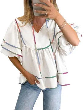 Cicy Bell Womens Summer Babydoll Tops V Neck Short Lantern Sleeve Shirts Cute Loose Fit Peplum Flowy Blouses