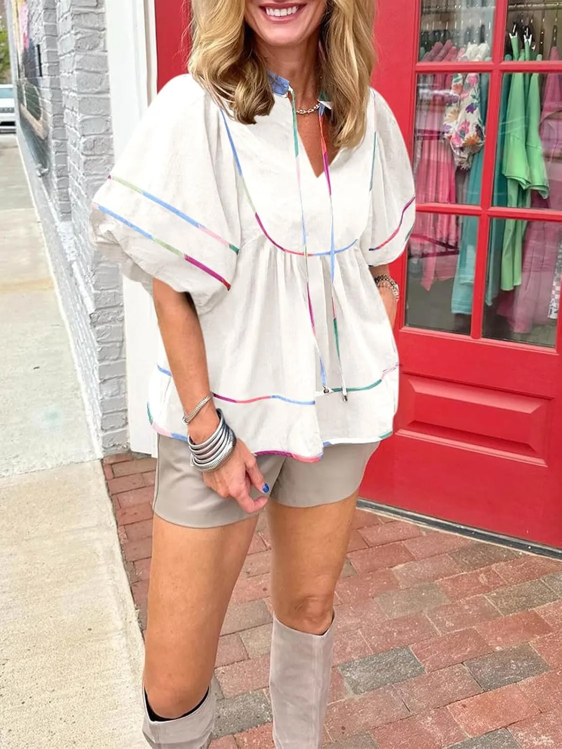 Cicy Bell Womens Summer Babydoll Tops V Neck Short Lantern Sleeve Shirts Cute Loose Fit Peplum Flowy Blouses