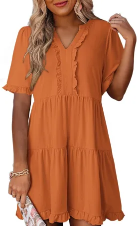 Dokotoo Womens Dresses 2025 Summer Spring V Neck Short Sleeve Casual A Line Flowy Swing Shift Dress Mini Dress