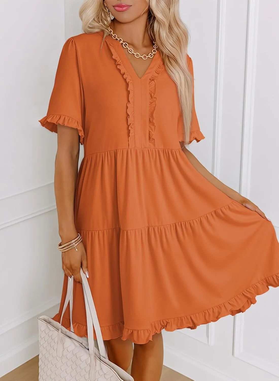 Dokotoo Womens Dresses 2025 Summer Spring V Neck Short Sleeve Casual A Line Flowy Swing Shift Dress Mini Dress