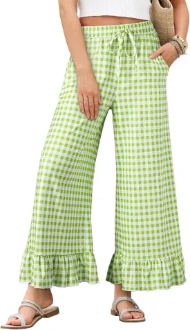 EVALESS Womens Wide Leg Pants Drawstring Elastic High Waisted Ruffle Hem Palazzo Pants with Pockets