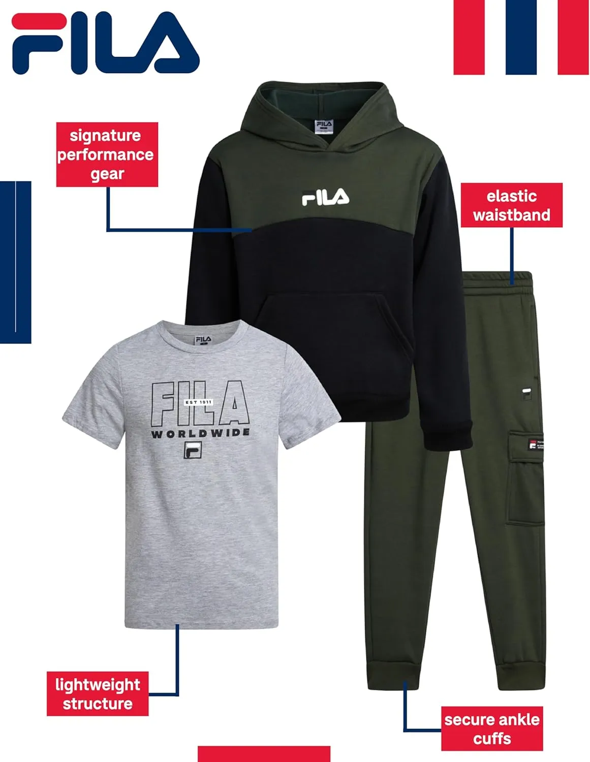 Fila Boys' Active Sweatsuit Set - 3 Piece Performance Hoodie Sweatshirt, Jogger Sweatpants, T-Shirt - Activewear Set (8-12)