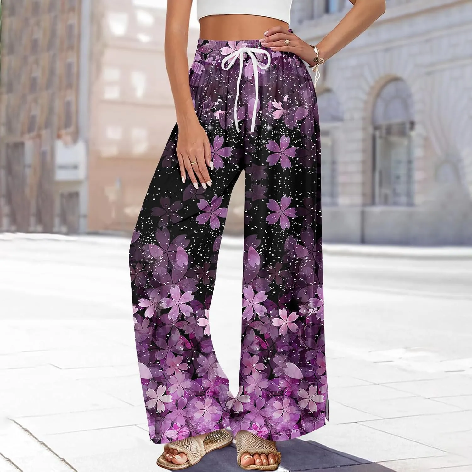 Floral Pants for Women 2025 Elastic Waist Wide Leg Casual Summer Drawstring Pants Beach Vacation Trousers with Pockets