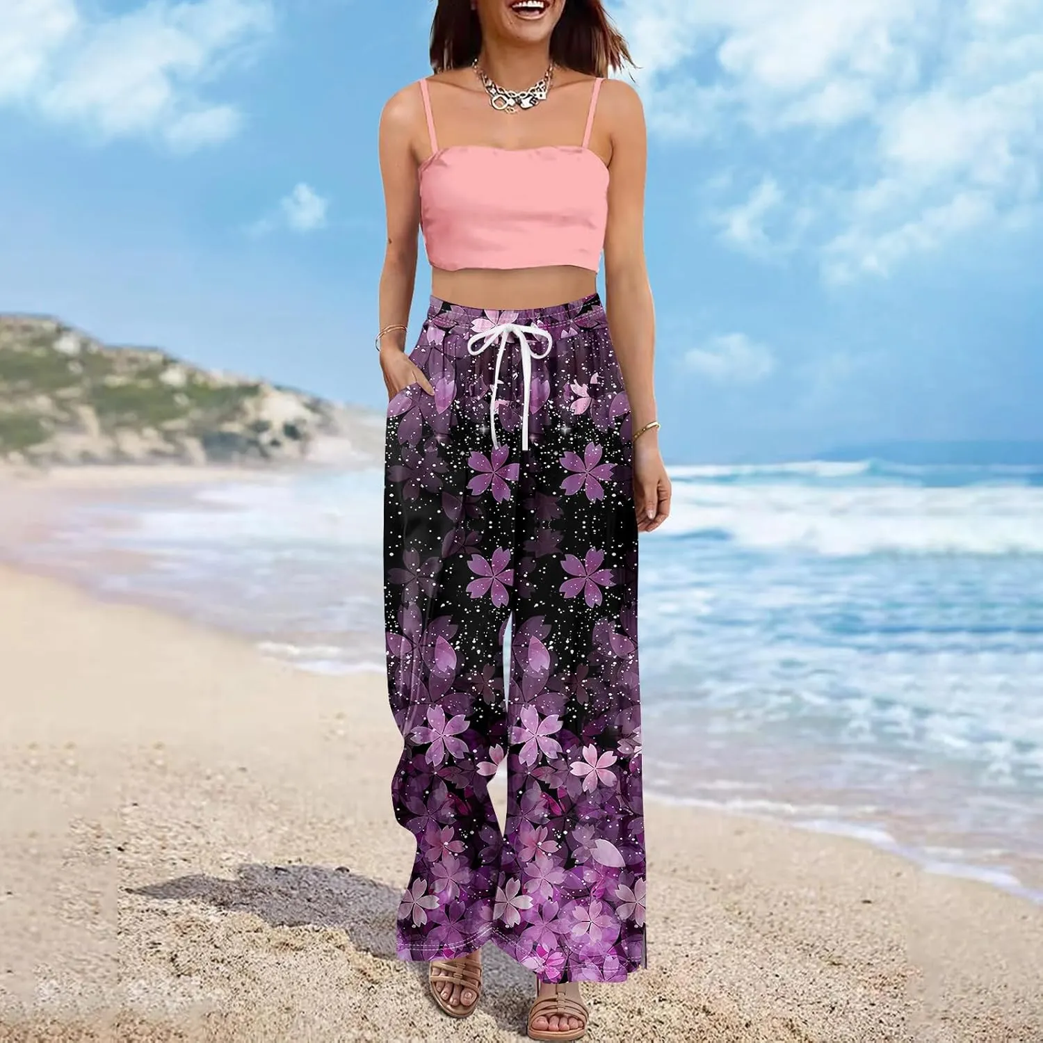 Floral Pants for Women 2025 Elastic Waist Wide Leg Casual Summer Drawstring Pants Beach Vacation Trousers with Pockets