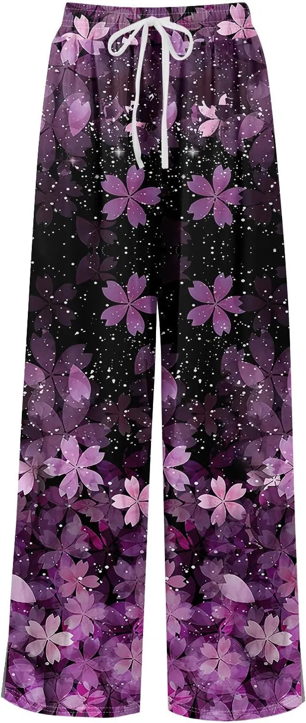 Floral Pants for Women 2025 Elastic Waist Wide Leg Casual Summer Drawstring Pants Beach Vacation Trousers with Pockets
