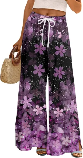 Floral Pants for Women 2025 Elastic Waist Wide Leg Casual Summer Drawstring Pants Beach Vacation Trousers with Pockets