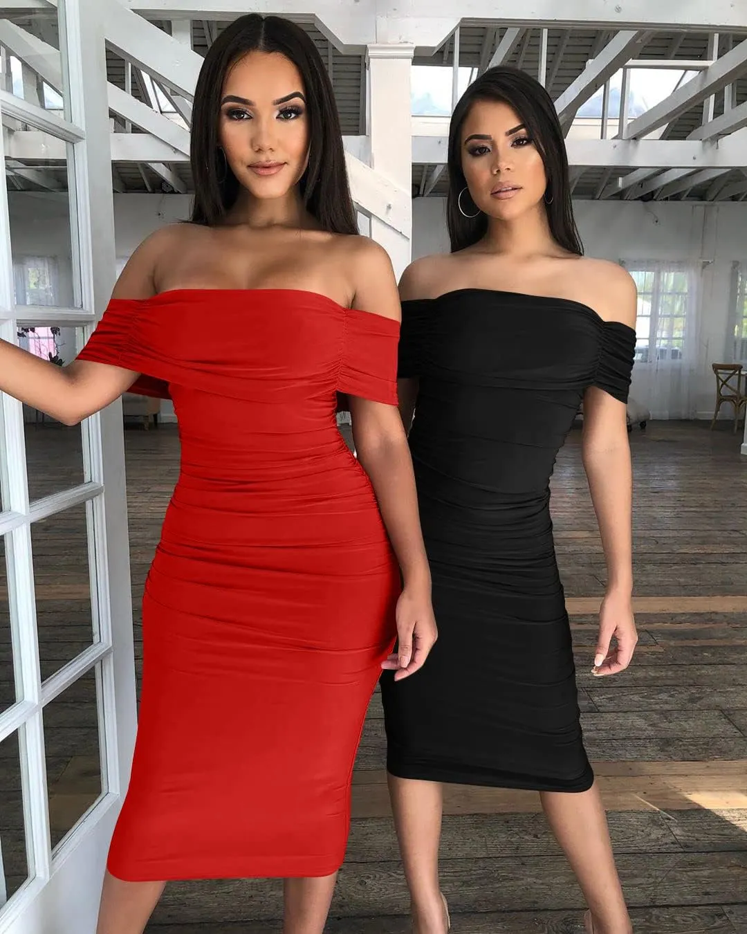 GOBLES Women's Ruched Off Shoulder Short Sleeve Bodycon Midi Elegant Cocktail Party Dress