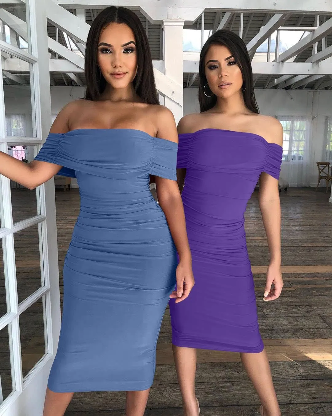 GOBLES Women's Ruched Off Shoulder Short Sleeve Bodycon Midi Elegant Cocktail Party Dress