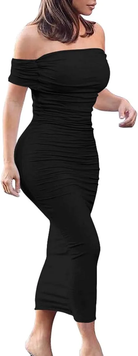 GOBLES Women's Ruched Off Shoulder Short Sleeve Bodycon Midi Elegant Cocktail Party Dress