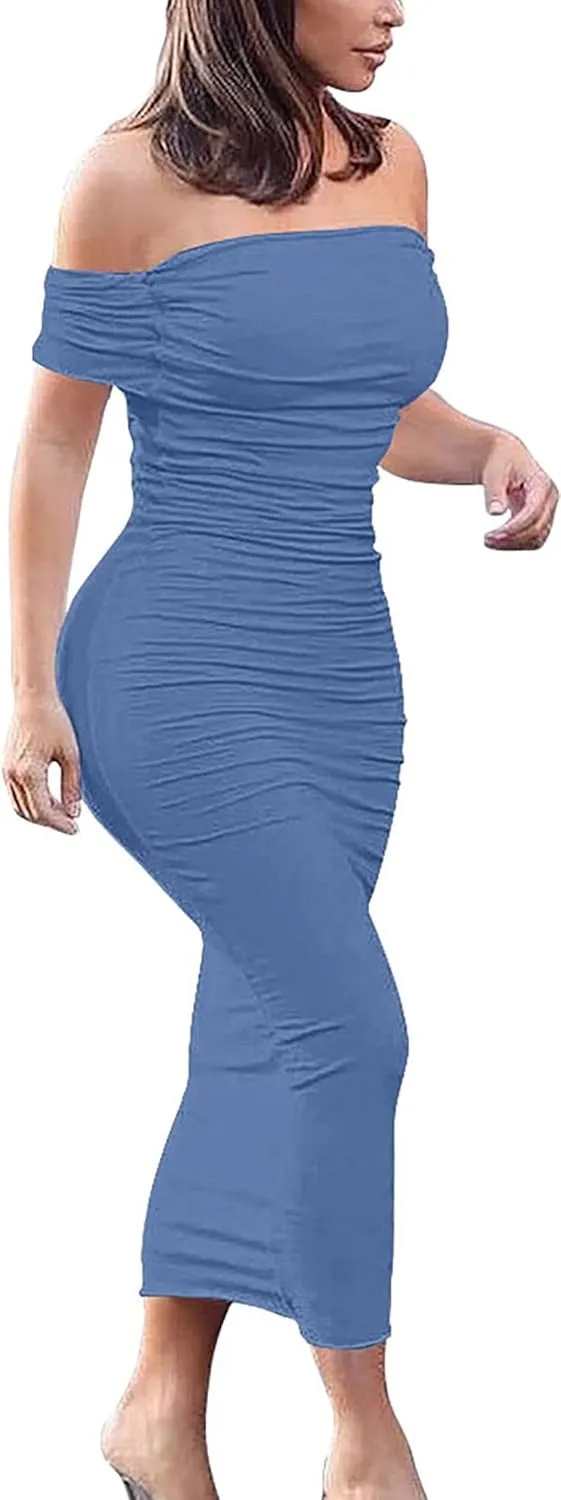 GOBLES Women's Ruched Off Shoulder Short Sleeve Bodycon Midi Elegant Cocktail Party Dress