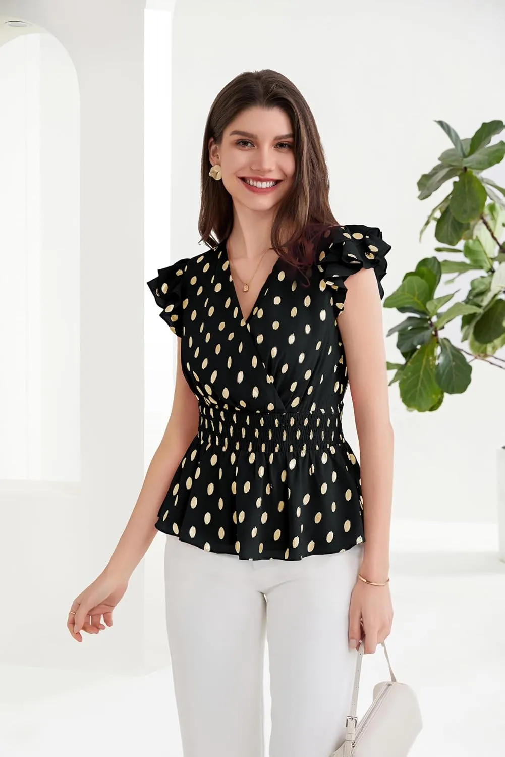 GRACE KARIN Peplum Tops for Women Wrap V Neck Business Casual Blouses Short Sleeve Polka Dot Ruffle Summer Tops Shirts