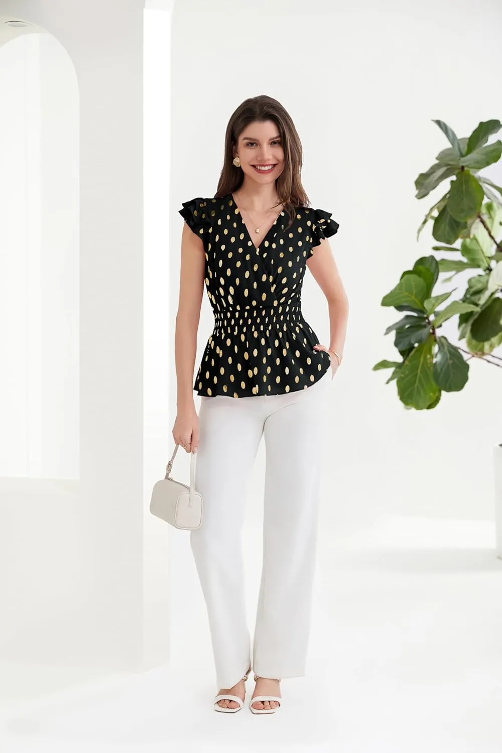 GRACE KARIN Peplum Tops for Women Wrap V Neck Business Casual Blouses Short Sleeve Polka Dot Ruffle Summer Tops Shirts