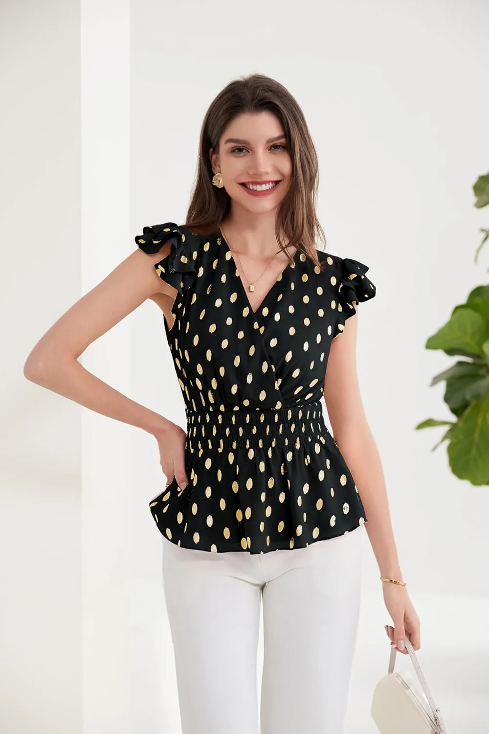 GRACE KARIN Peplum Tops for Women Wrap V Neck Business Casual Blouses Short Sleeve Polka Dot Ruffle Summer Tops Shirts