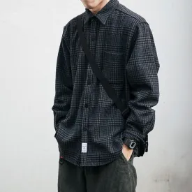 Jinquedai High Quality Thick Woolen Shirt Men Clothing Japanese Streetwear Lapel Long Sleeve Casual Plaid Top Harajuku Coats Male