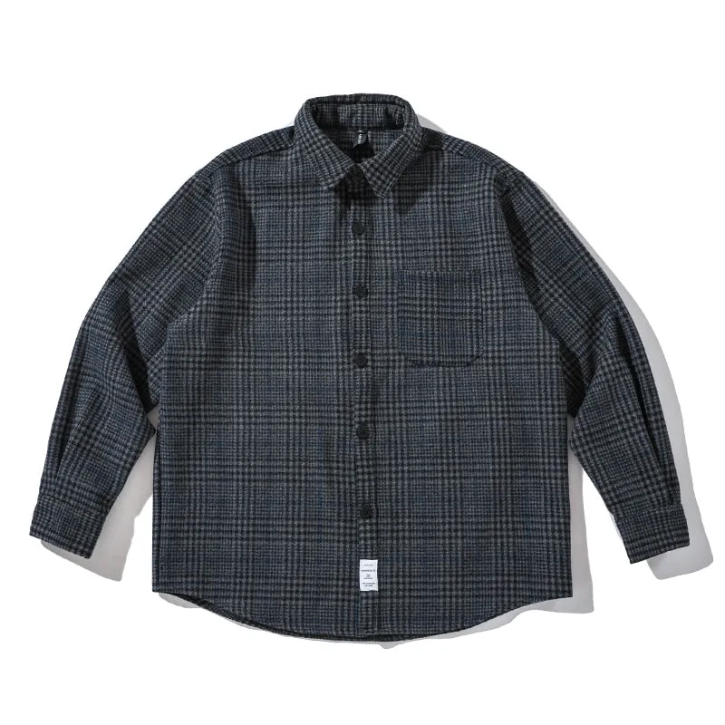 Jinquedai High Quality Thick Woolen Shirt Men Clothing Japanese Streetwear Lapel Long Sleeve Casual Plaid Top Harajuku Coats Male